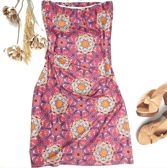 Emmy Matte Red Multicolored Rouged Dress Sz L - Picture 7 of 8